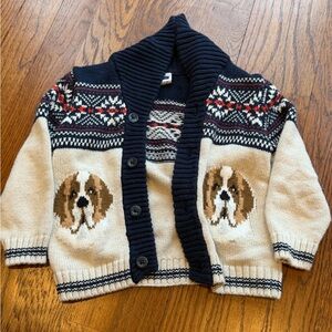 Janie and Jack Cream and Navy Dog Intarsia Shawl Collar Cardigan 18-24m